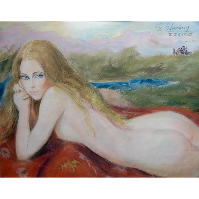 1970s Vintage "Nude Blonde Laying on a Outdoor Field" Painting by Sheldon C Schoenberg For Sale - Image 4 of 11