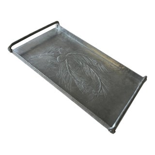 Silver Everlast Tray With Pine Motif – Industrial Rustic Charm For Sale