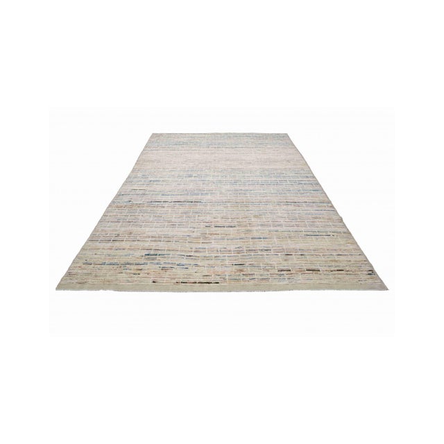 Mid-Century Modern Blue & Cream Modern Wool Rug For Sale - Image 3 of 9