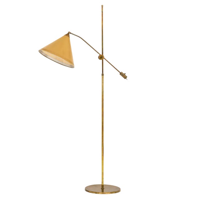 Floor Lamp in Brass with Original Yellow Lamp Shade, 1950s For Sale