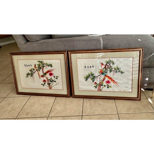 Pair Chinese Signed Embroidered Suzhou Silk Framed Paintings For Sale In Palm Springs - Image 6 of 17