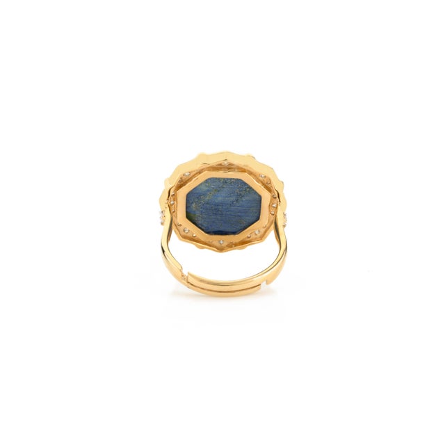 Metal Lapis Lazuli Cocktail Ring With Diamonds Size 6.5 in 14k Yellow Gold For Sale - Image 7 of 10