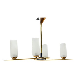 French Golden Chrome and Frosted Glass Ceiling Lamp in the style of Arlus, 1960 For Sale