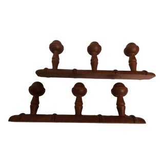 20th Century Rustic 3 Peg Carved French Faux Bamboo Wall Mount Hat/Coat Racks - a Pair For Sale