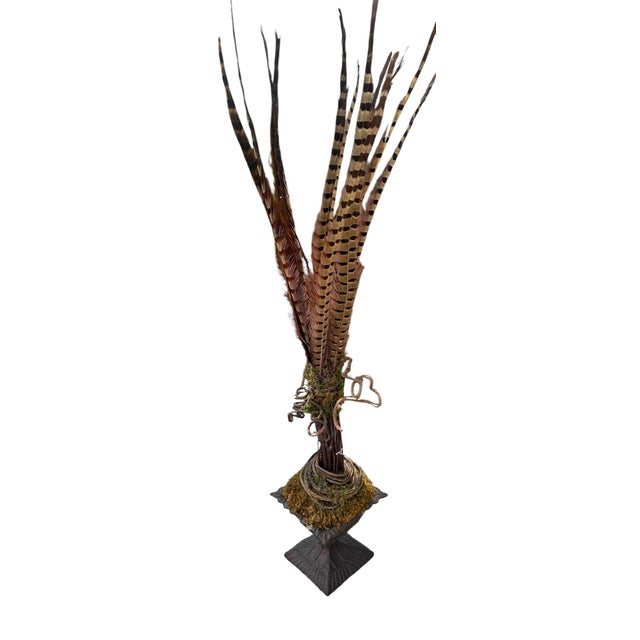 Vintage Natural Pheasant Feather Sculptural Arrangement on Metal Base Sculpture With Moss & Twisted Vine For Sale - Image 10 of 12