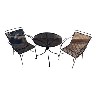 Woodard Style Mid-Century Modern Black Wrought Iron Mesh Bistro Set - 3 Pieces For Sale