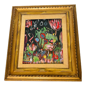 1970s Abstract Modern Floral Painting Artist Signed in Antique Frame