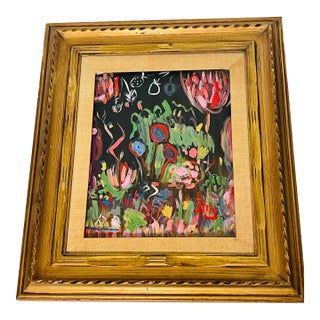 1970s Dark Abstract Modern Floral Painting Artist Signed in Antique Frame For Sale