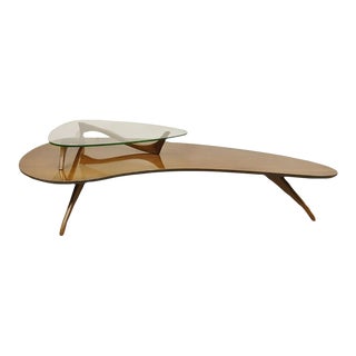 Vintage Mid Century Sculpted Walnut Kagan Style Floating Glass Coffee Table For Sale