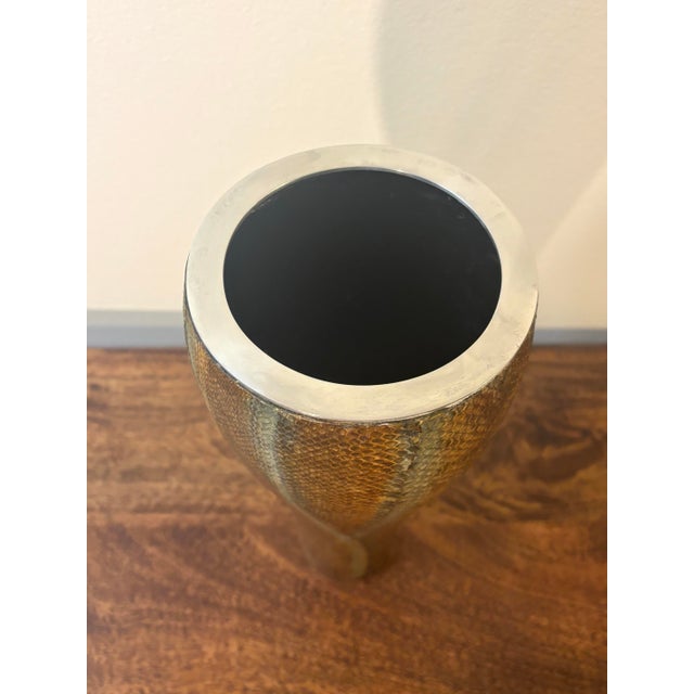 Karl Springer Vintage Coastal Snakeskin Wrapped Vase With Steel Rim, Postmodern For Sale - Image 4 of 6