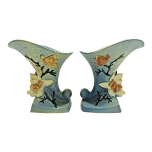 Vintage Roseville Pottery Magnolia #184-6 Blue Cornucopia Vases - Mirrored Pair