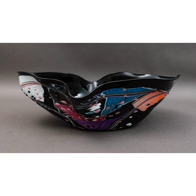 Stephen Nelson 1993 Signed Abstract Studio Art Glass Flute Centerpiece Bowl Vase. Measures approximately 15 1/2" long, 9"...
