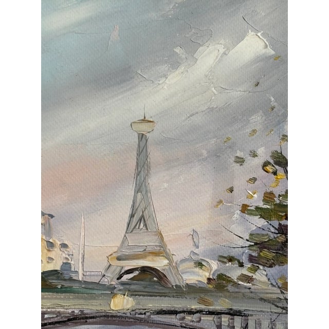 Late 20th Century Impressionist Paris Cityscape, Eiffel Tower From the Seine -- Oil on Canvas For Sale - Image 9 of 14
