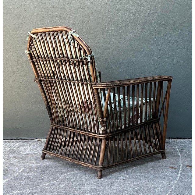 Wood Vintage Stuck Rattan Lounge Chair in Stockwell Performance “Martinique” For Sale - Image 7 of 12