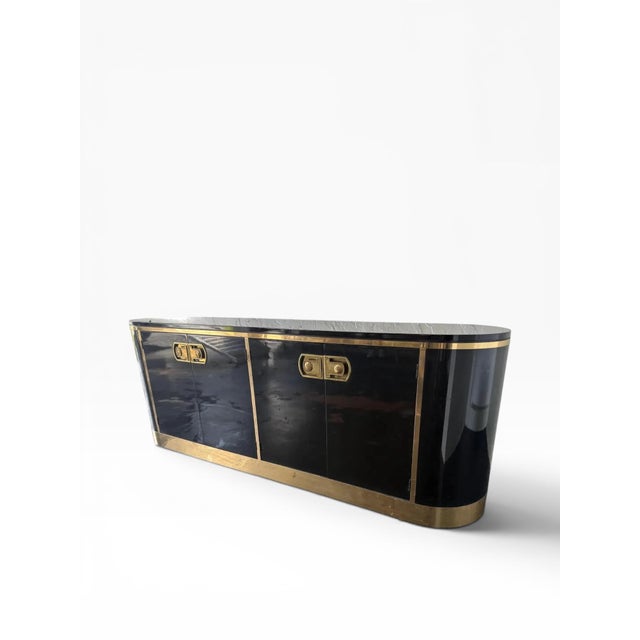 1970s Rare Mastercraft Brass Shield Pull Credenza — Racetrack Form For Sale - Image 11 of 18