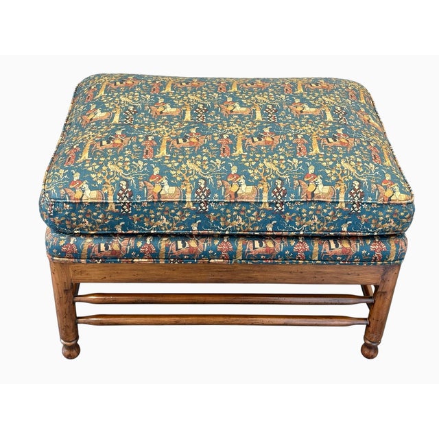 Vintage upholstered ottoman Vintage Persia fabric by Waverly in a dark blue with beige and red tones. Faux pine distressed...