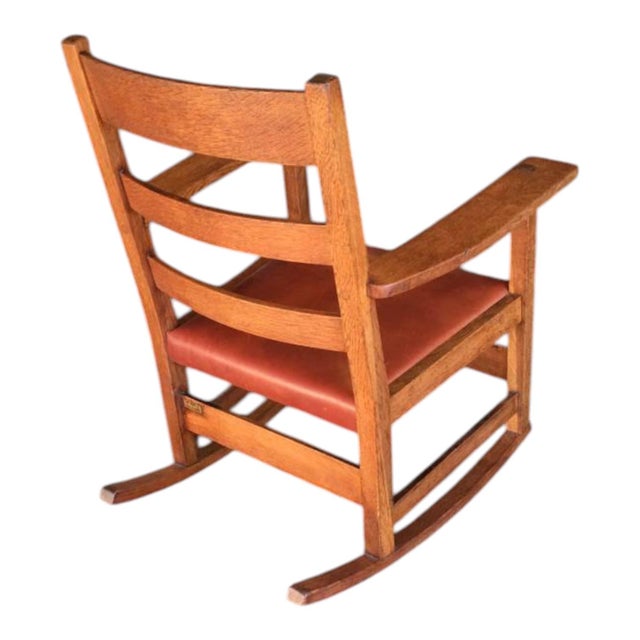 L & J. G. Stickley Oak Rocking Chair With Cognac Saddle Leather Covered Seat, Circa 1912 - 1920 For Sale - Image 10 of 12