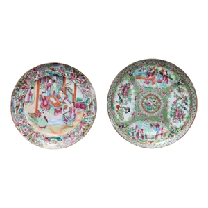 Set of Two Chinese Export Famille Rose Mandarin Porcelain Plates C. 1800, Antique