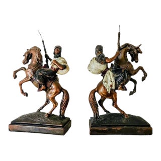 1920's Paul Herzel Pompeian Bronze Bedouin Horseman Bookends Titled "North African Warrior" - Set of 2 For Sale