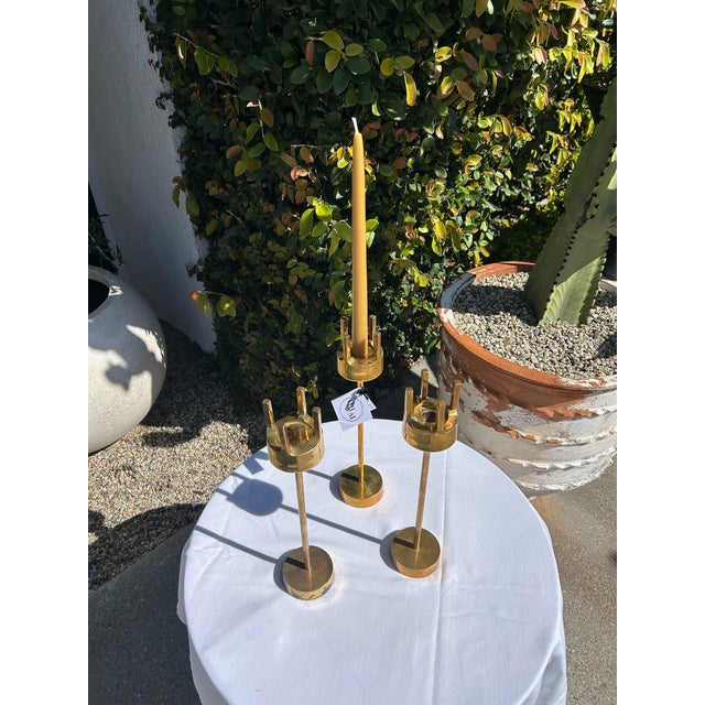 Vintage Mid-Century Brass Candlestick Trio For Sale - Image 12 of 15
