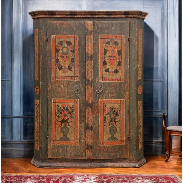 Forest Green Green Floral Painted Cupboard, 1830s For Sale - Image 8 of 18