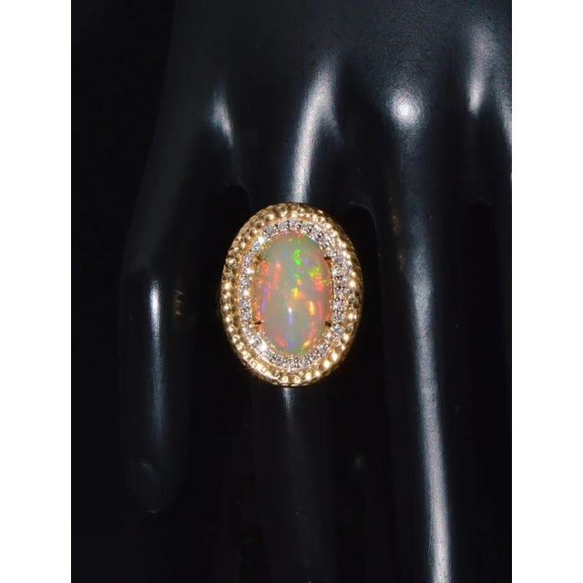 Contemporary Certified Natural 7.44Cts VS F Diamond Opal Cocktail Halo Hammered 18K Solid Gold Ring, size 6.75 For Sale - Image 3 of 10