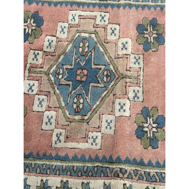 Nice mid century Turkish square rug with beautiful geometrical design and nice colors, entirely hand knotted with wool...