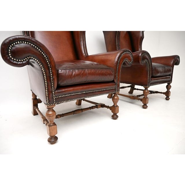 Brown Antique Leather Wing Back Armchairs, 1920s, Set of 2 For Sale - Image 8 of 11
