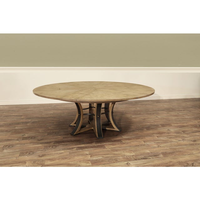 Transitional 64"-84" Round Transitional Gray Oak Jupe Table With Hammered Iron Pedestal Base. For Sale - Image 3 of 9