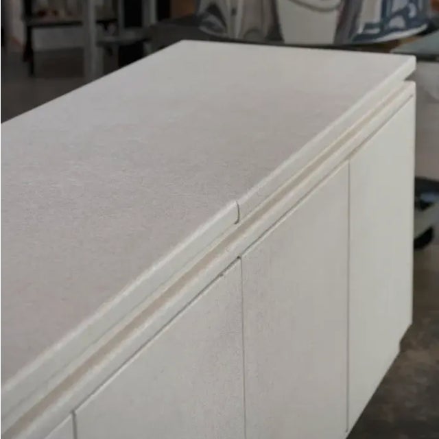 Late 20th Century Contemporary Painted Raffia Motorized Lift Bar Cabinet | Illuminated Entertaining Credenza | Hidden Cocktail Station For Sale - Image 14 of 15