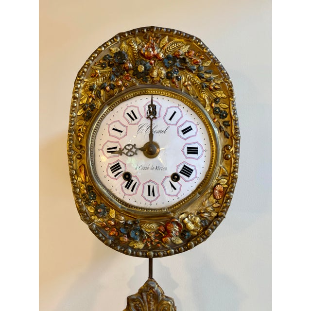 Brass French Morbier Repousse Brass and Porcelain Wall Clock For Sale - Image 8 of 8