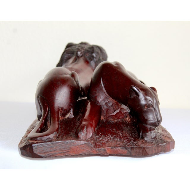 Brown Vintage Hand-Carved African Lion & Lioness Sculpture – Signed "Masaku" – African Ironwood Safari Folk Art For Sale - Image 8 of 15