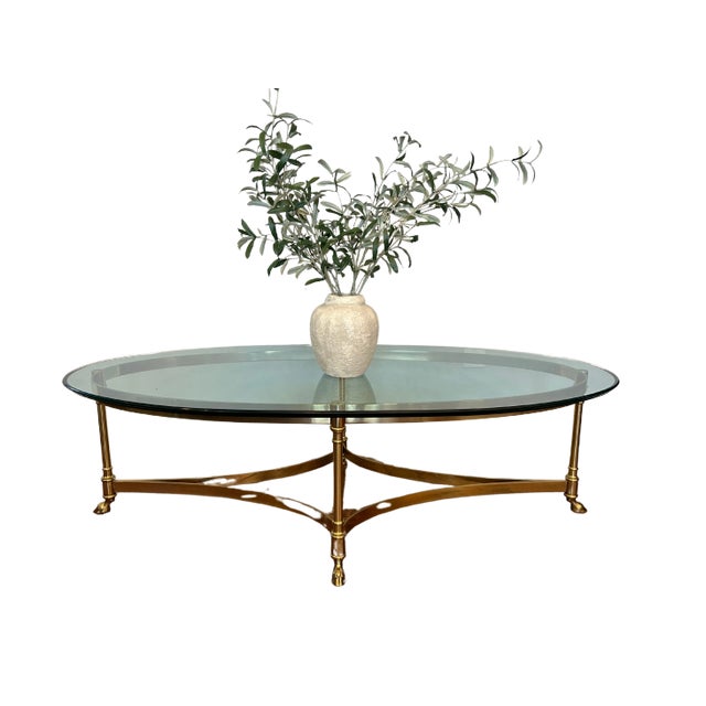 LaBarge Mid-Century Modern Oval Brass & Glass Coffee Table With Hoof Feet For Sale - Image 10 of 11
