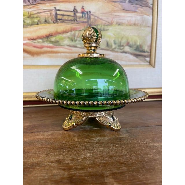 Vintage Green Glass Covered Candy Dish With Pedestal Base and Brass-Toned Mount For Sale - Image 4 of 11