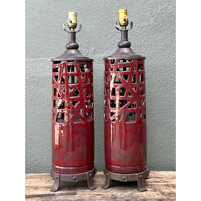 Vintage Glazed Ceramic Table Lamps - A Pair For Sale - Image 4 of 12