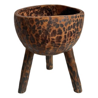 Vintage Wood Carved Rustic Tribal Bowl on Legs For Sale