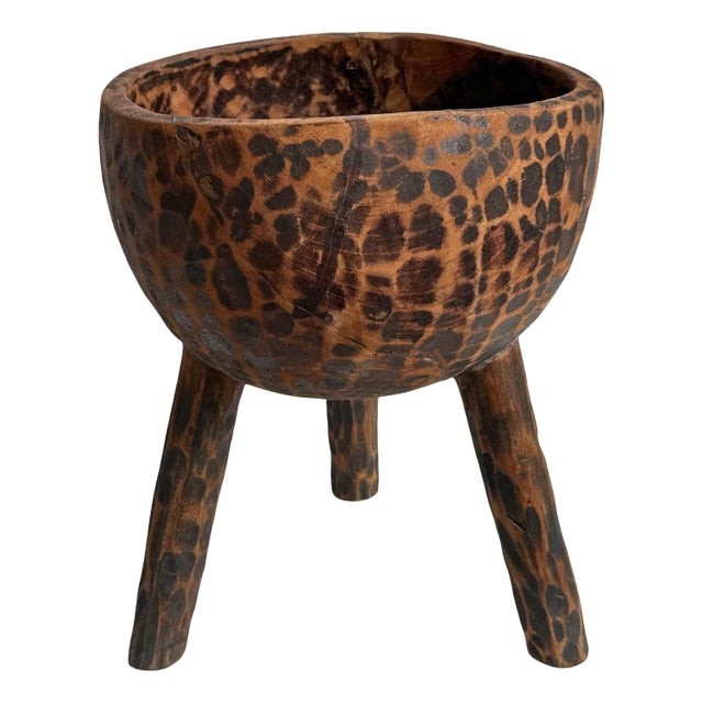 Vintage Wood Carved Rustic Tribal Bowl on Legs For Sale