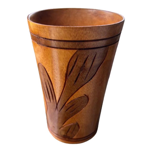 Vintage Carved Wooden Vase Large Cup Leaf Design Tiki For Sale
