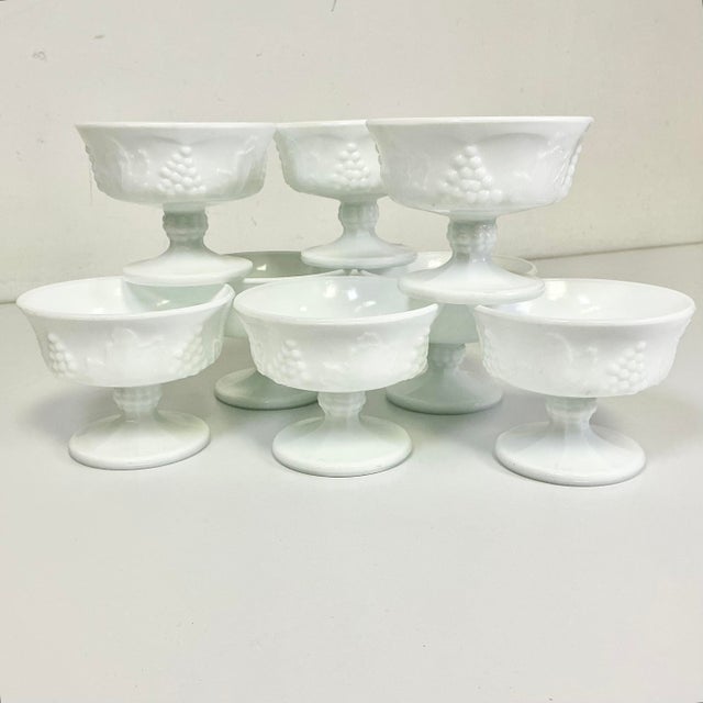 Indiana Glass Company 1970s Vintage Americana Arts & Crafts Indiana Glass Grape Milk Glass Champagne Coupes/Sherbet Cups - Set of 8 For Sale - Image 4 of 14
