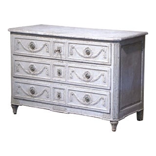 18th Century Louis XVI Carved & Painted Three-Drawer Chest With Faux Marble Top For Sale