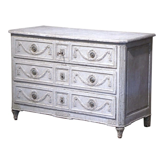 18th Century Louis XVI Carved & Painted Three-Drawer Chest With Faux Marble Top For Sale