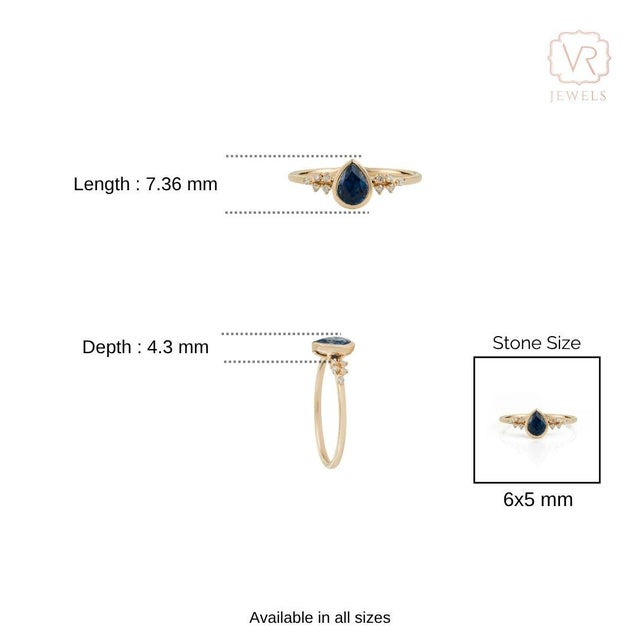 Pear Cut Blue Sapphire and Diamond Cluster Vintage Ring in 14k Gold Size 8 For Sale - Image 12 of 17