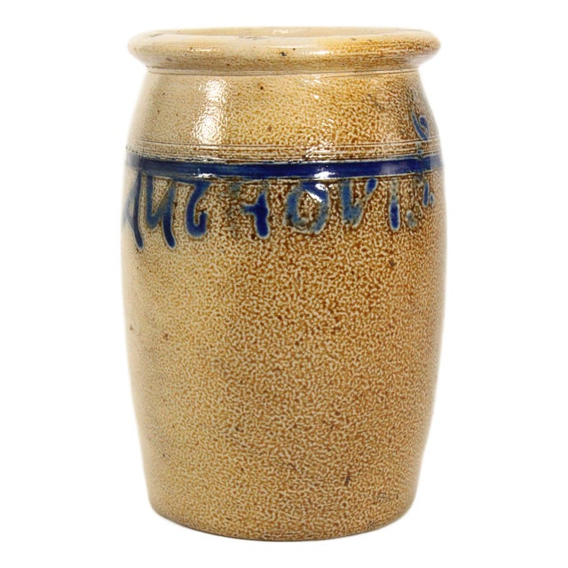 Rare 19th C Blue on Beige Stoneware Anchovies Jar, New England For Sale