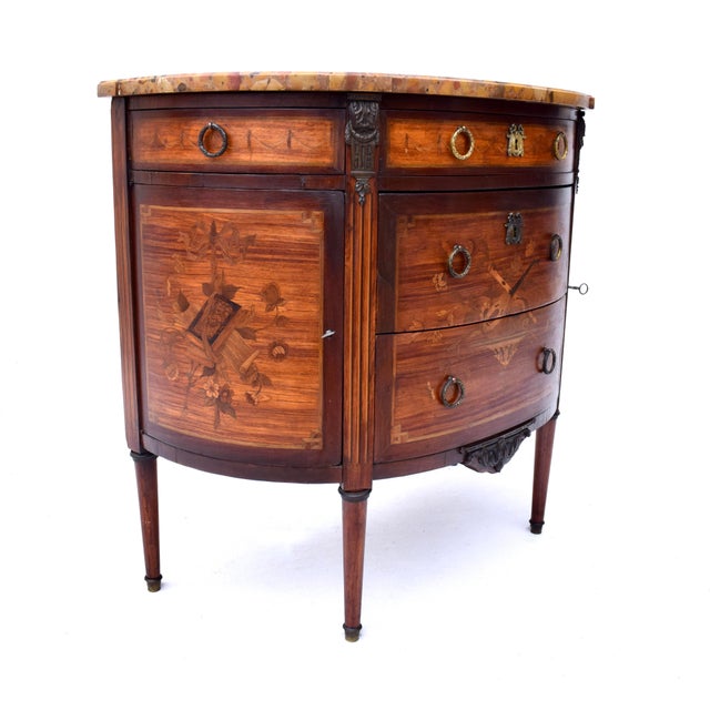 French 19th Century Marquetry Demi-Lune Server Commode, Specimen Marble Top For Sale - Image 12 of 17