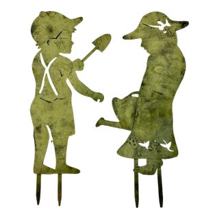 1950s Vintage Arts & Crafts Rustic European French Garden Ornaments, Kid Silhouettes - A Pair. For Sale
