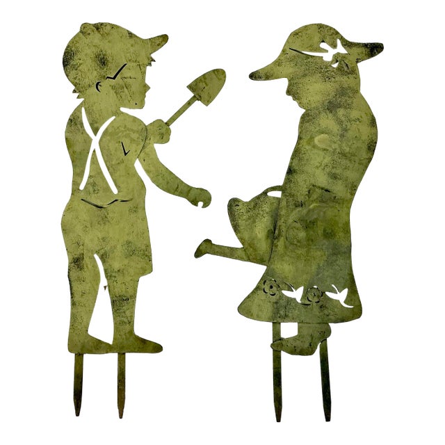 1950s Vintage Arts & Crafts Rustic European French Garden Ornaments, Kid Silhouettes - A Pair. For Sale