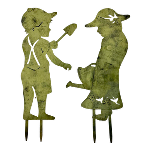 1950s Vintage Arts & Crafts Rustic European French Garden Ornaments, Kid Silhouettes - A Pair.