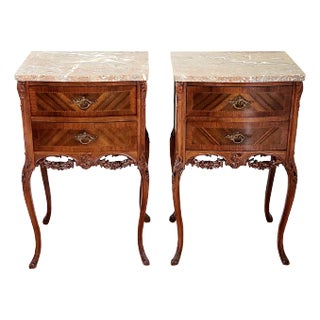 Antique French Pair Louis XV Rococo Marquetry Nightstands With Rouge Royal Marble Tops For Sale