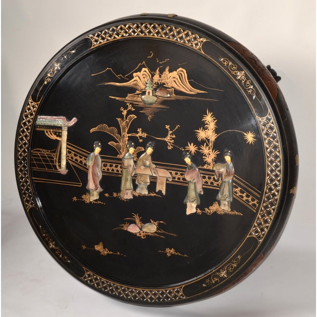 1930s Round Chinese Jade Stonework Bone Black Lacquered Carved Coffee