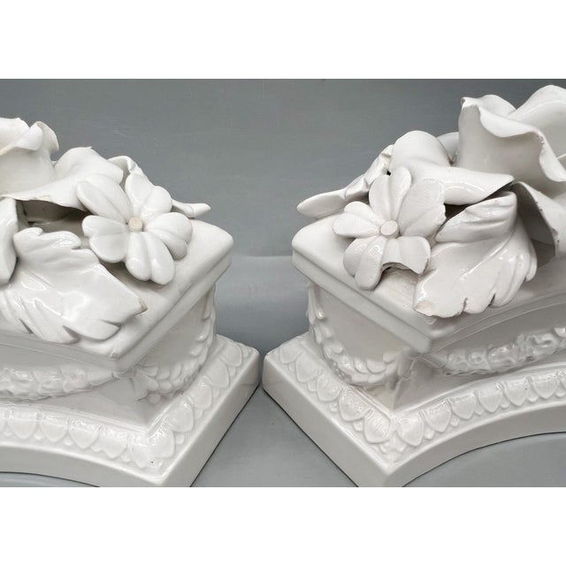 Italian White Glazed Ceramic Floral Double Candle Holders — Hollywood Regency / Neoclassical For Sale - Image 13 of 15